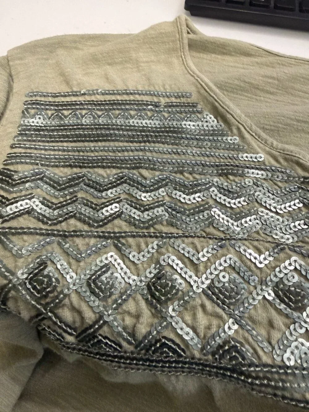Catherines 5X Khaki Hombre Short Sleeve Top with sequins